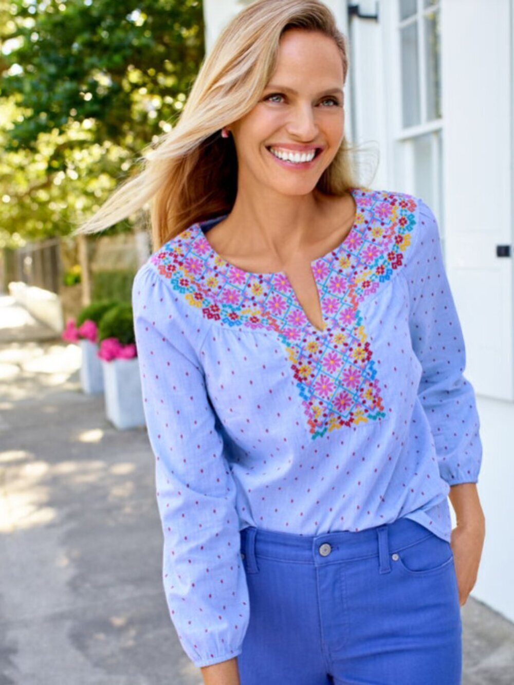 Talbots Floral Embroidered Pleated Casual Chambray Cottagecore Shirt Size L